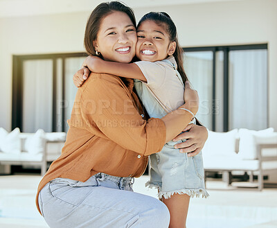 Buy stock photo Mother with daughter hug, love and smile in family portrait, bonding together at home. Woman, girl and care, happy hugging and childhood, parent with child spending quality time outdoor.
