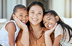 Love, Asian and portrait of mother with children, smiling, holding and touching faces. Asian family, motherhood and mom taking picture with girls bonding, affection and happy together in family home