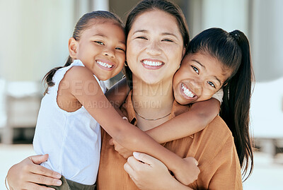 Buy stock photo Happy, portrait and children hugging their mother with a smile, love and care outside their house. Happiness, embrace and girl kids with their mom in Mexico sitting outdoor in their backyard at home.