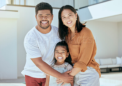 Buy stock photo Family, mother and father hug child, happy in portrait together outdoor, love and care between parents and kid, bonding at home. Mexican man, Asian woman and girl smile, spending quality time.