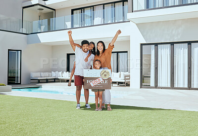 Buy stock photo Happy family, sold board and new home together celebrating outdoors on lawn. Excited mother, father smile  and children arms in air happiness celebration, smile and house real estate png sign 
