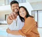 House keys, new home and couple real estate property for sale, buying and rent on home loan, building mortgage and investment. Hands of happy man, woman portrait and homeowner moving to neighborhood 