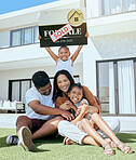 Happy family with kids, new property grass and excited homeowners in yard of family home. Future, real estate and family security in home with mortgage for dad, mom and children in backyard in Asia.