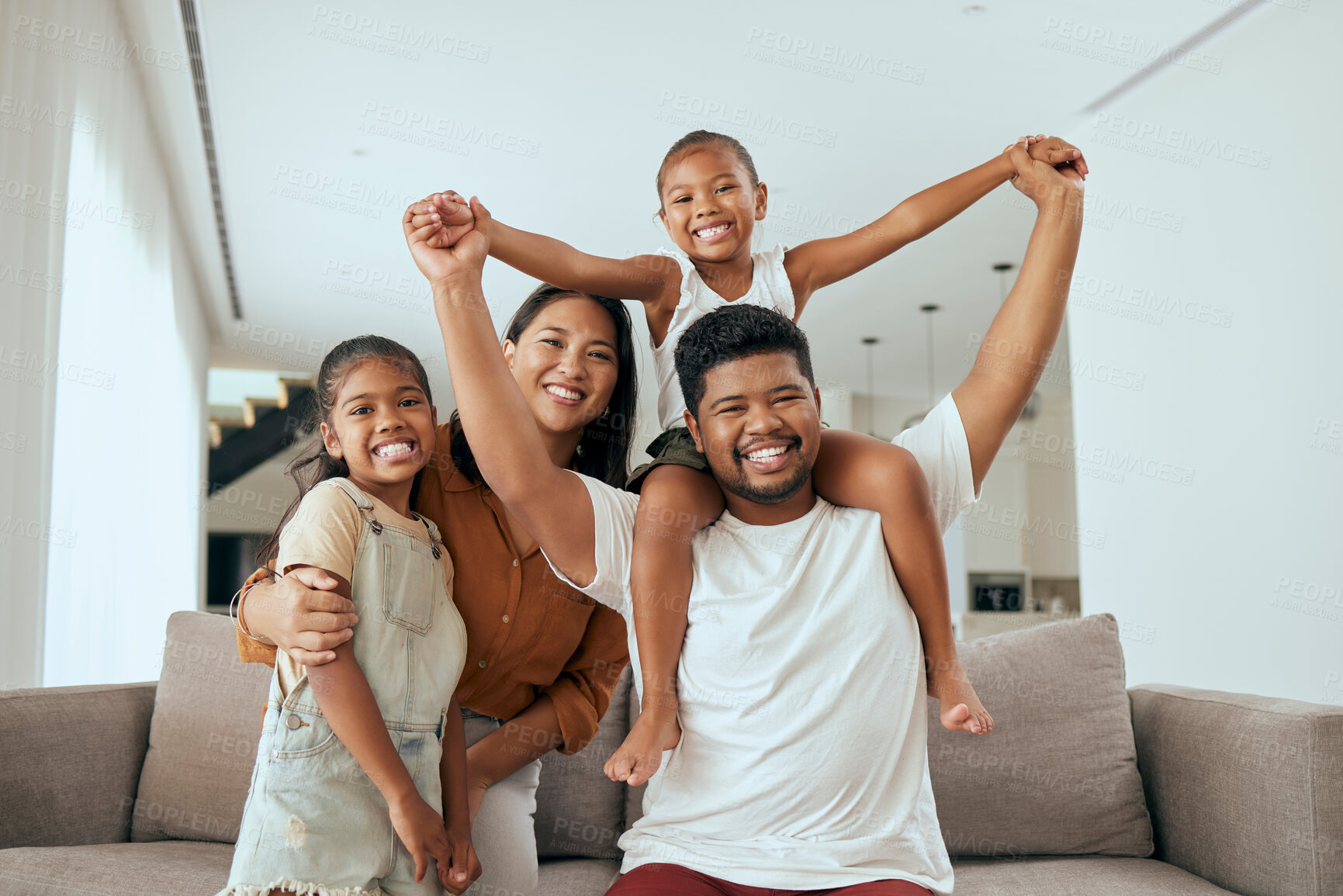 Buy stock photo Black family, fun and parent hug with children in a family home with happiness and love. Portrait of happy kids, mother and dad playing in a new house with a parents smile in a living room lounge