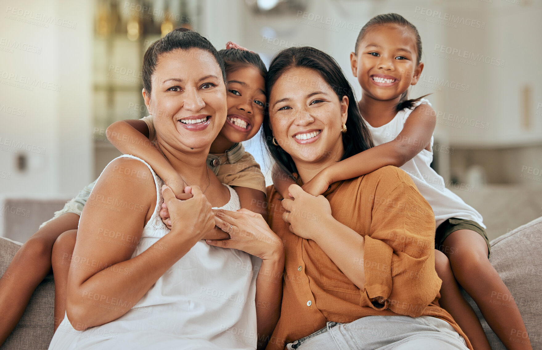 Buy stock photo Portrait of happy family, relax and bonding on sofa together in living room. Grandmother, mother and young girl children, love and care support relationship spending quality time in family home