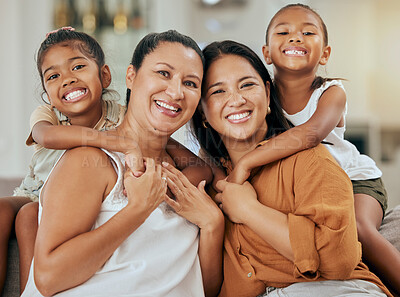 Buy stock photo Portrait of a grandmother, mother and girl children with a smile relaxing together in their home. Happiness, love and family from Mexico sitting on a sofa in the living room of their modern house.