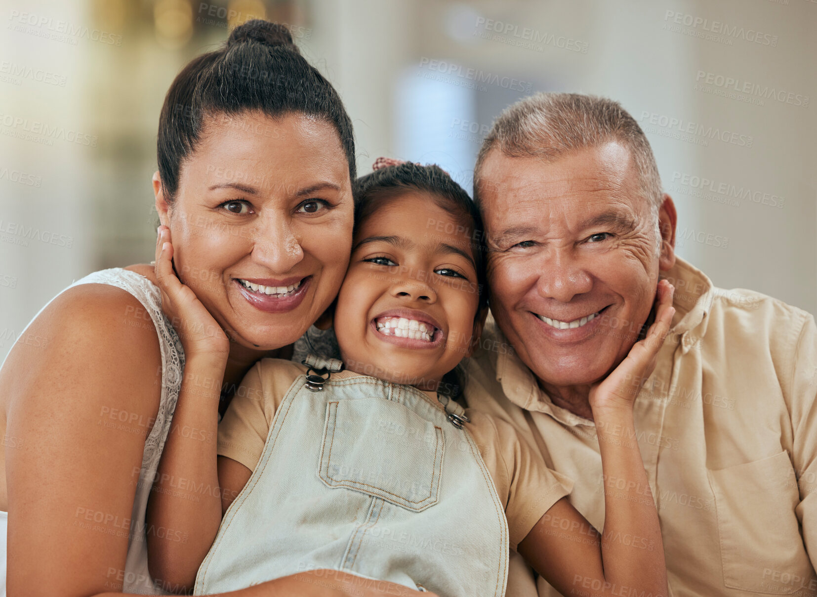 Buy stock photo Relax, happy and portrait of girl and grandparents together for support, smile and hug in family home. Care, retirement and lifestyle with child and old man and woman bonding for happiness and youth