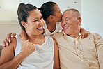 Happy grandparents, smile with girl, kiss and hug and relax in retirement at house. Senior man, elderly woman and child affection together. Kid on holiday, laugh and happy with senior man and woman
