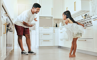 Buy stock photo Family, dance and girl with father in kitchen for ballet, fun and bonding in their home together. Happy family, child and parent dancing, being creative and enjoying fantasy ballerina dancer practice
