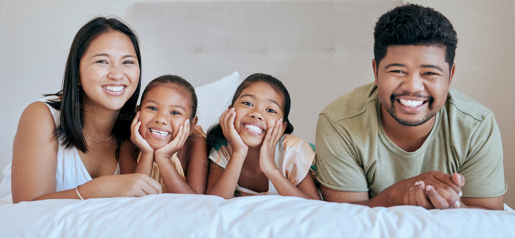 Buy stock photo Happy, relax and family on a bed for peace, calm and smile together in their house. Portrait of young, excited and funny children in the bedroom with their mother and father for happiness and love