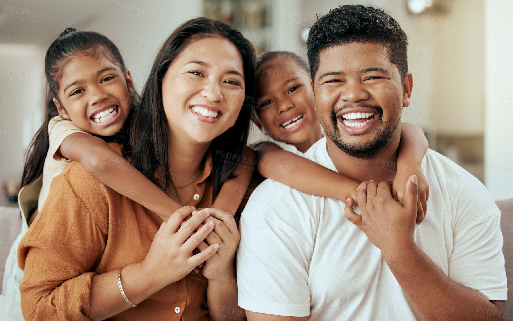 Buy stock photo Asian family, smile and portrait with love, laugh and relax together in a happy home on a fun weekend for bonding. Happiness, mother and father smiling with young kids or children enjoy quality time