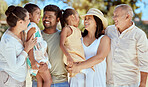 Nature, love and big family on summer vacation holiday outdoors bonding, relaxing and having fun in Guadalajara. Grandparents, mom and dad with kids siblings enjoying quality time together in Mexico
