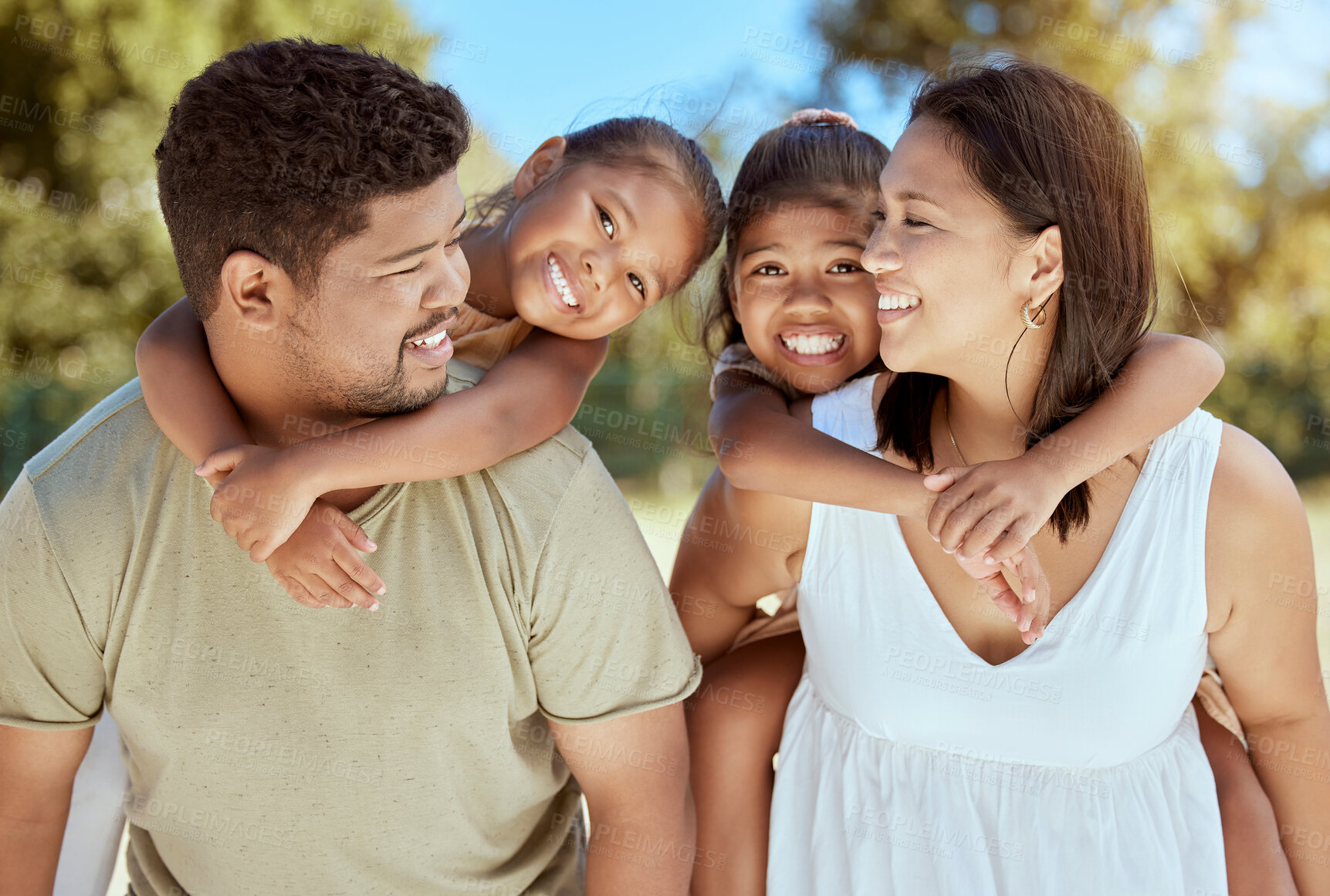 Buy stock photo Family, travel vacation and love of children and parents in a nature park mom and dad smile and looking happy. Holiday in philippines with man, womand and kids with freedom life insurance and savings