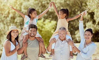 Buy stock photo Family, love and outdoor, generations in park have fun out in nature, big family together and smile in portrait. Parents, grandparents and children bonding, arms up and happiness with care.