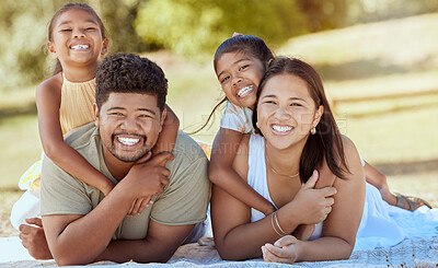 Buy stock photo Happy family, hug and portrait smile for relax, quality bonding time or summer vacation together in the outdoors. Mother, father and children smiling in happiness for freedom, relationship and nature