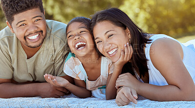 Buy stock photo Comic, picnic and child at the park with parents with love, peace and crazy conversation in nature. Funny family, mother and father with a girl and a joke while on a field or in the countryside