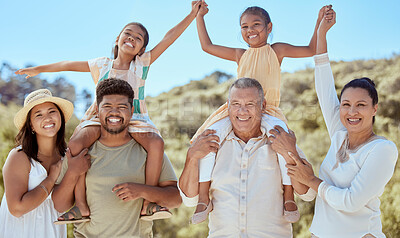 Buy stock photo Big family, happy and portrait smile in nature for fun quality bonding time in summer vacation in the outdoor. Mother, father and kid with grandparents happiness together in joy for family holiday 