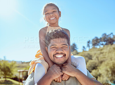 Buy stock photo Family, nature and piggy back portrait with smile of happy daughter and father in Indonesia. Happiness of asian dad with young child in garden for outdoor summer bonding fun together.


