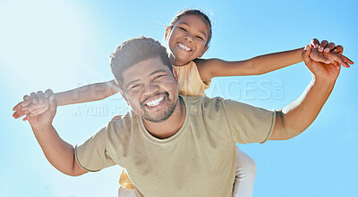 Buy stock photo Father, child and holding hands on shoulder for happy relationship, bonding and smile in the outdoors. Portrait of dad and kid smiling in happiness for love, blue sky or care for piggyback in nature