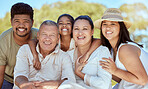 Big family, parents and children bonding together outdoor in a nature park with a smile. Portrait of grandparents, mama and kids spending quality time with love feeling happiness and youth outdoors