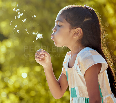 Buy stock photo Girl, child and nature dandelion flower blowing for wish, dream and magic in garden on vacation in spring. Kid, park and motivation for hope, love and earth seed outdoor to relax for happy youth