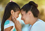 Nature, love and happy grandma with child enjoying cute hand embrace on Indonesia summer holiday. Care, family and attachment of young kid bonding with grandmother touching her face in park.

