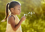 Child, girl or blowing dandelion flower in summer garden, nature park or sustainability environment in wish, hope or freedom. Kid, youth or field spring plant in motion in relax agriculture landscape
