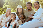 Big family, happy portrait and vacation in nature, summer holiday or trip. Love, generations and smile of children, grandma and grandpa, mother and father enjoying quality time together outdoors.