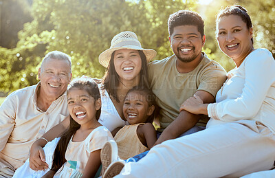 Buy stock photo Big family, happy portrait and vacation in nature, summer holiday or trip. Love, generations and smile of children, grandma and grandpa, mother and father enjoying quality time together outdoors.