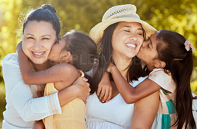 Buy stock photo Women, family and face kids kiss in a nature park with mother and daughter spending quality time together. Portrait of mothers day love and care with a hug from a girl in summer and mama gratitude
