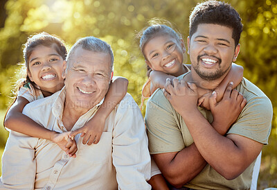 Buy stock photo Children, dad and grandpa hug in park or garden with smile, generations of family together on outdoor picnic. Love, support and man with happy grandfather and girl kids relax in nature in New Zealand