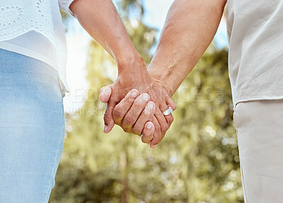 Buy stock photo Marriage, support and hands of retirement couple in nature together for wellness, care and love. Elderly, pension and married people in garden for wellbeing, health and sunlight outside.

