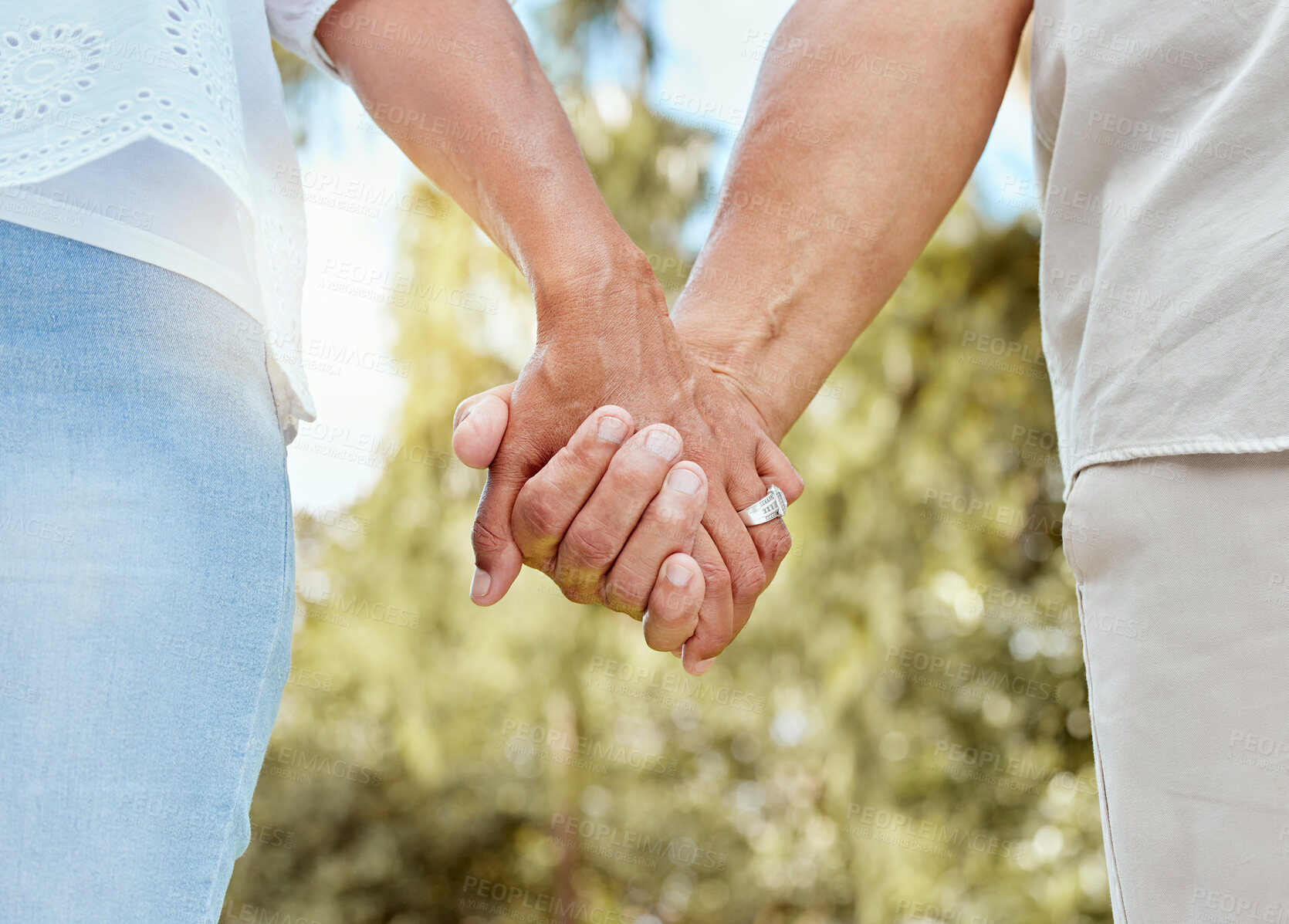 Buy stock photo Marriage, support and hands of retirement couple in nature together for wellness, care and love. Elderly, pension and married people in garden for wellbeing, health and sunlight outside.

