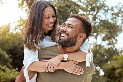 Buy stock photo Couple, piggy back and outdoor love hug of black people with happiness and care outdoor. Happy, gratitude and smile of a girlfriend and boyfriend bonding and spending quality time in a nature park 
