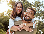 Love, black couple and with smile hug, bonding and happy together outdoor for fun, loving and embrace. Portrait, romance and man with woman with happiness, for marriage, relationship and celebrate.