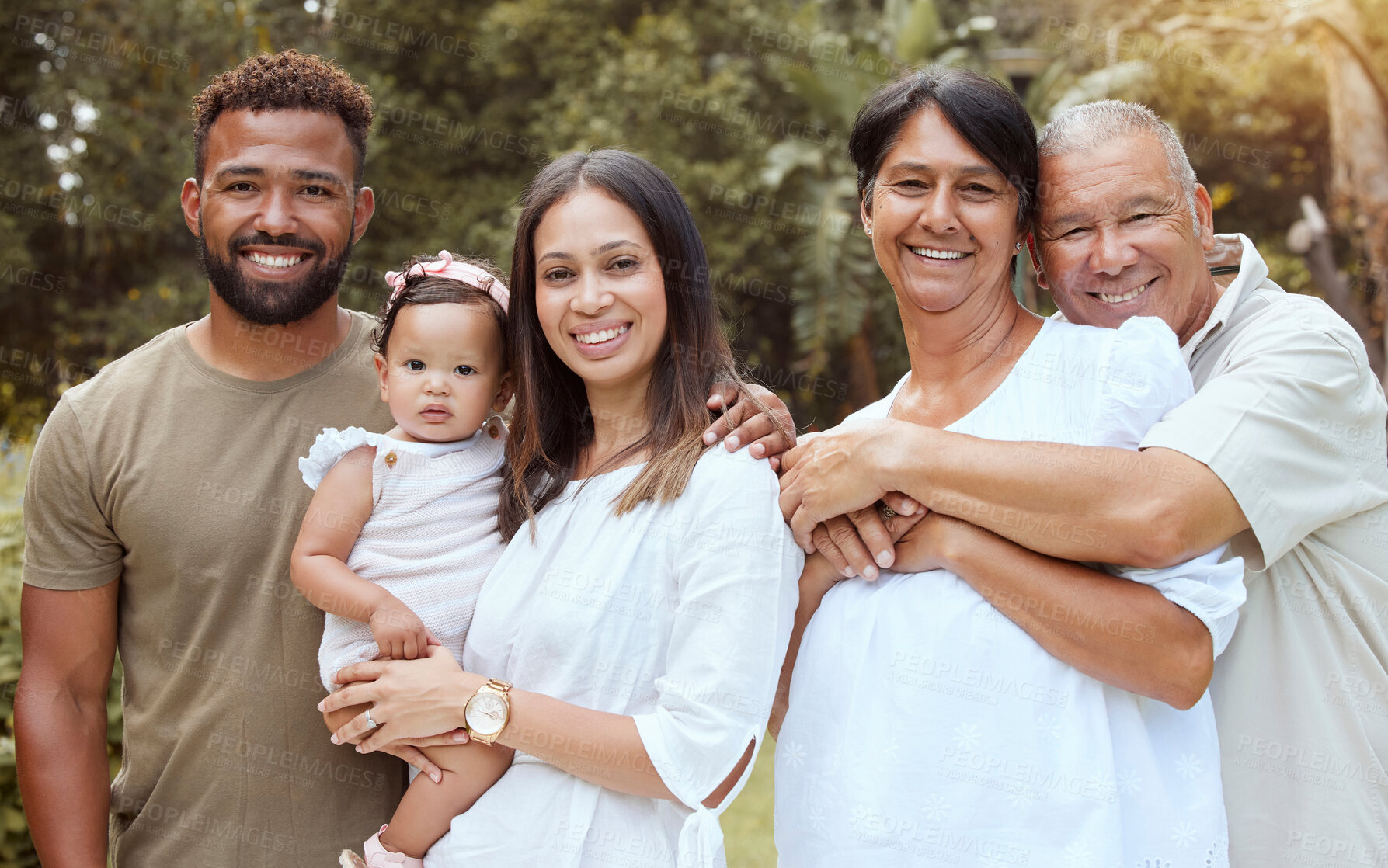 Buy stock photo Black family, happy and hug with people bonding in nature spending quality time together. Portrait of a mama, baby and elderly people outdoor in summer feeling happiness, gratitude and love smile