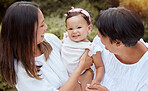 Family, women and park portrait with baby, mother and grandmother bonding, laughing and playing in nature. Love, happy and smile by girl enjoying quality time with parent and granny in a garden