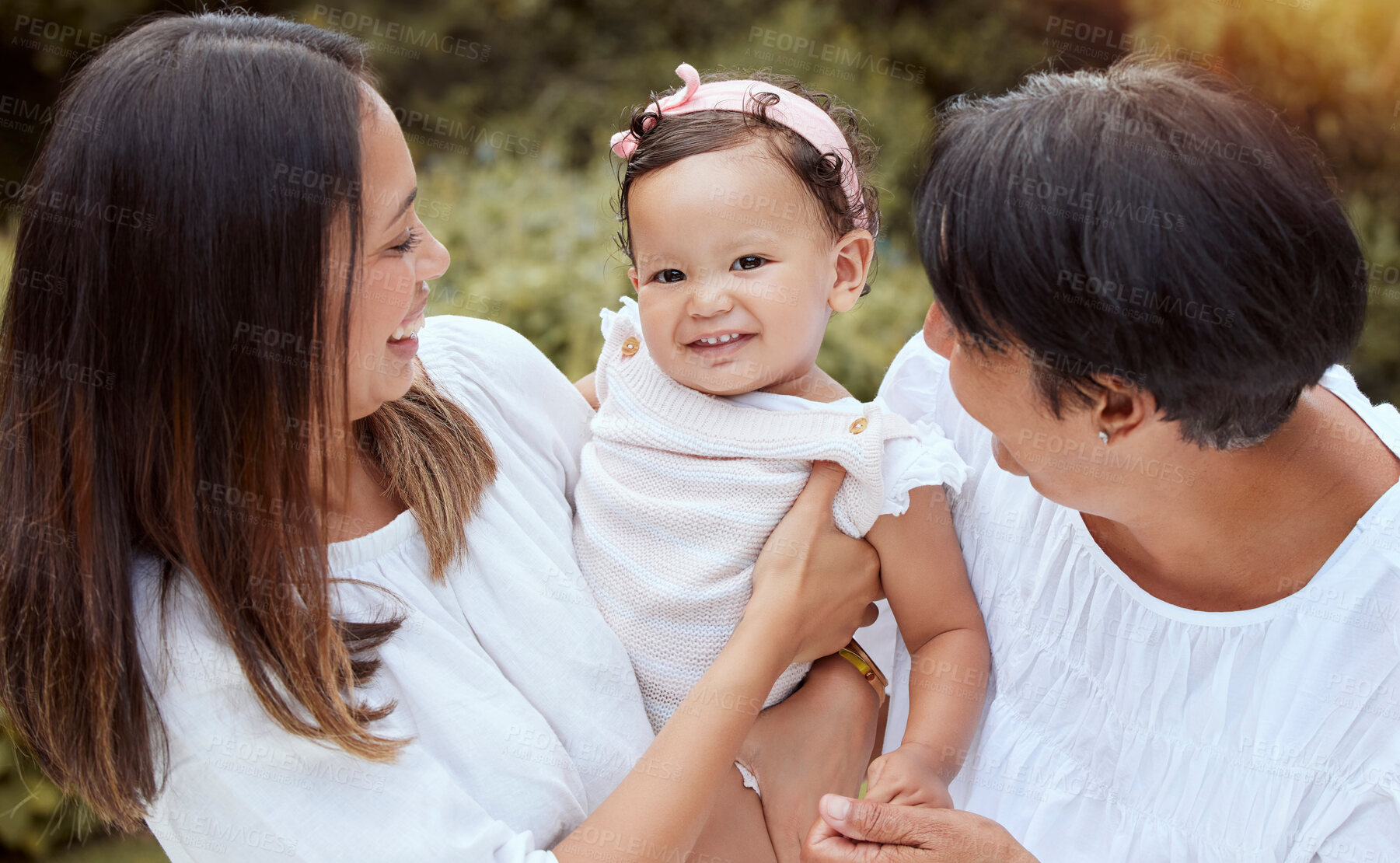 Buy stock photo Family, women and park portrait with baby, mother and grandmother bonding, laughing and playing in nature. Love, happy and smile by girl enjoying quality time with parent and granny in a garden