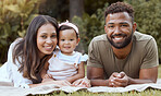 Black family, parents and baby on a park picnic blanket in nature with a happy smile together, Portrait of a mother, father and girl child with happiness and love spending time together in summer 