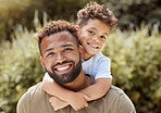 Portrait, happy father and boy smile in garden fun, vacation and break in summer happiness together. Latino man and child smile, love and hug outdoor bonding free time on a sunny day in the park