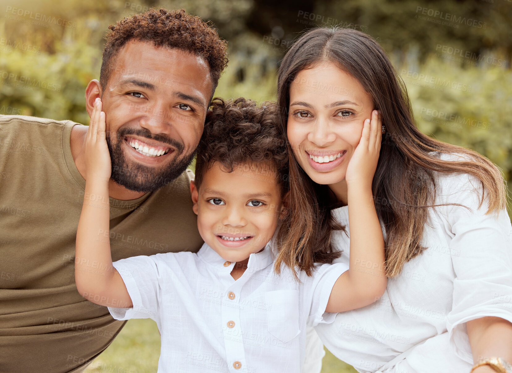 Buy stock photo Love, happy and portrait of black family in nature park for fun picnic, bonding and enjoy outdoor quality time together. Happiness, peace and freedom for mother, dad and kid with parents on holiday