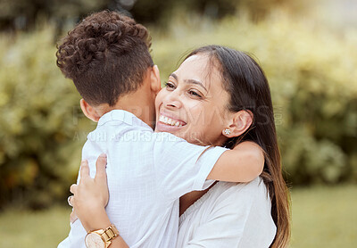 Buy stock photo Love, nature and mother hugging child in park or garden with smile, family together on outdoor picnic. Hug, support and trust with happy woman and kid relax and laugh outside in New Zealand summer.