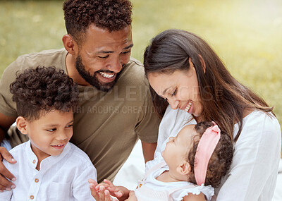 Buy stock photo Happy family, love and baby relax in a garden, laughing and bond while playing on grass in a backyard. family kids and parents enjoying quality time in a park together, talking and embracing children