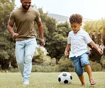 Buy stock photo Man, boy and bonding with soccer ball in garden, house backyard or nature grass park for fun game, match and competition. Smile, happy and football for father and kid in fitness, exercise and workout