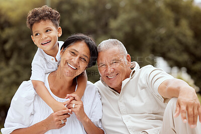 Buy stock photo Family, portrait and relax at a park with grandparents and grandchild playing, laughing and bond in nature. Love, happy family and senior couple enjoy retirement with little boy in a garden in Mexico