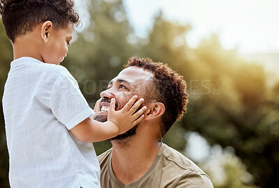 Buy stock photo Dad, boy touch face in outdoor park or backyard for summer bonding, happiness together and sunshine. Father son, happy black man in nature for love smile and quality time with child