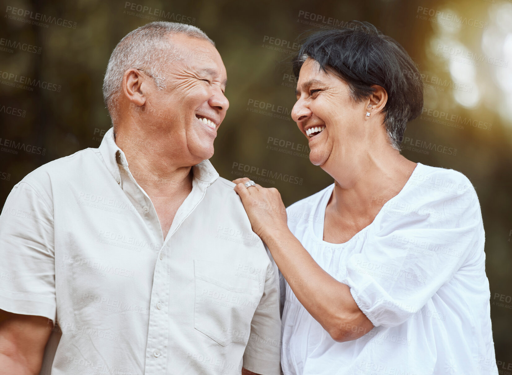 Buy stock photo Senior, couple and marriage mindset of happy smile of people in nature with a hug. Happiness of a elderly retired woman and man love together enjoying retirement, love and laugh with smile outdoor