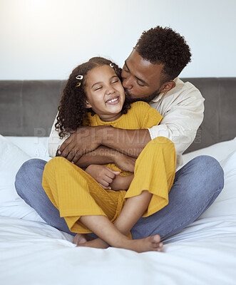 Buy stock photo Father, girl and family kiss with a hug on a bedroom bed spending quality time together. Morning, love and care of a dad and child in a home bonding and caring at a house with a happy smile