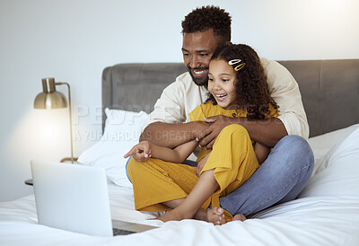 Buy stock photo Relax, and laptop with father and girl in bedroom for streaming movie, internet and online media. Happy, technology and learning with dad and child together in family home for website, video and 5g