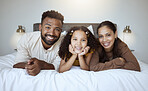 Black family, bonding and love of a mother, father and girl on a home bedroom bed together. Portrait of a happy mama, dad and child in the morning feeling happiness smile feeling care in a house